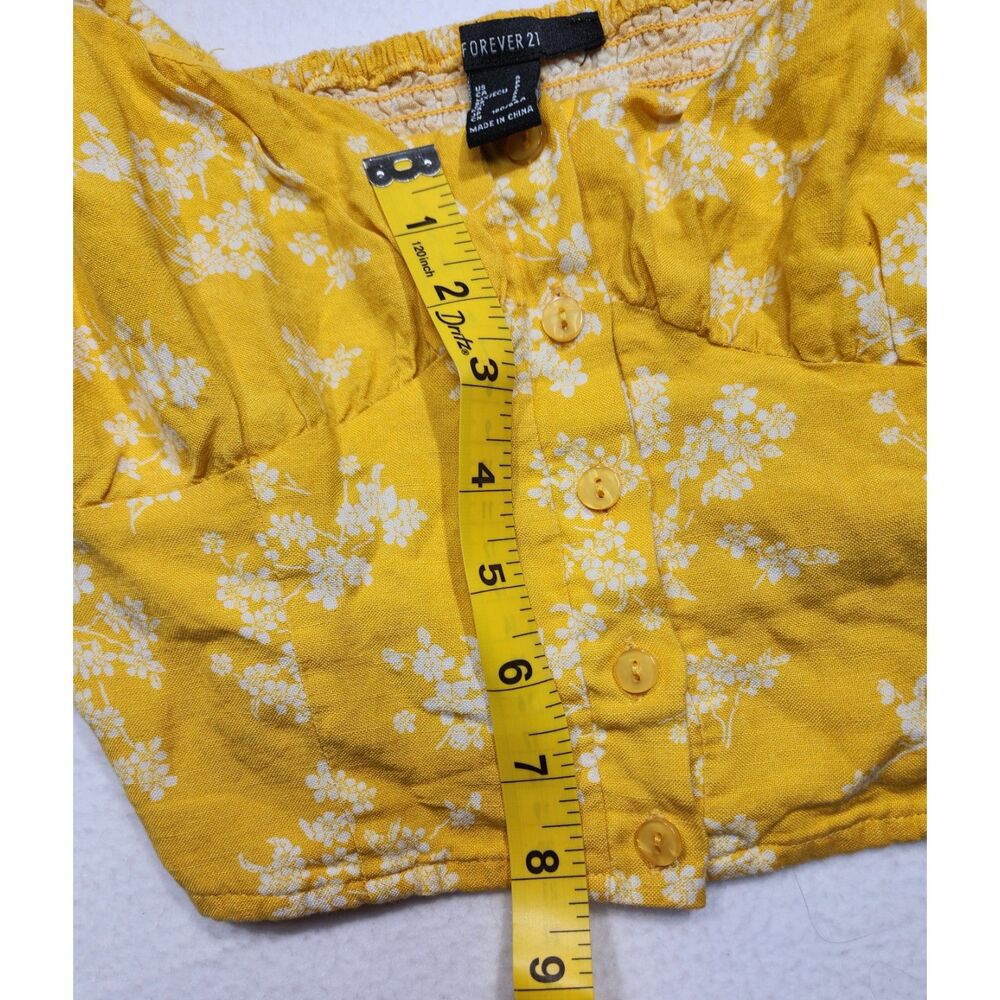 Forever 21 Crop Top Small Yellow Floral Puff Sleeve Milkmaid Cottage Linen Blend - Picture 9 of 10